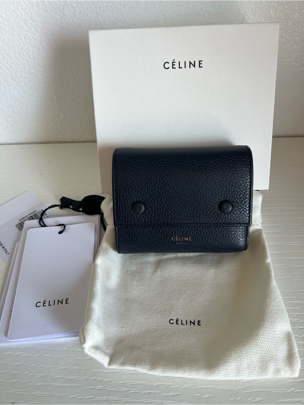 Celine Black Pebbled Leather Compact Wallet
